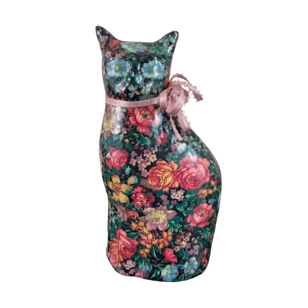 Vintage Floral Chintz Cat Figurine Paper wrapped Porcelain Grandmacore 8.5"